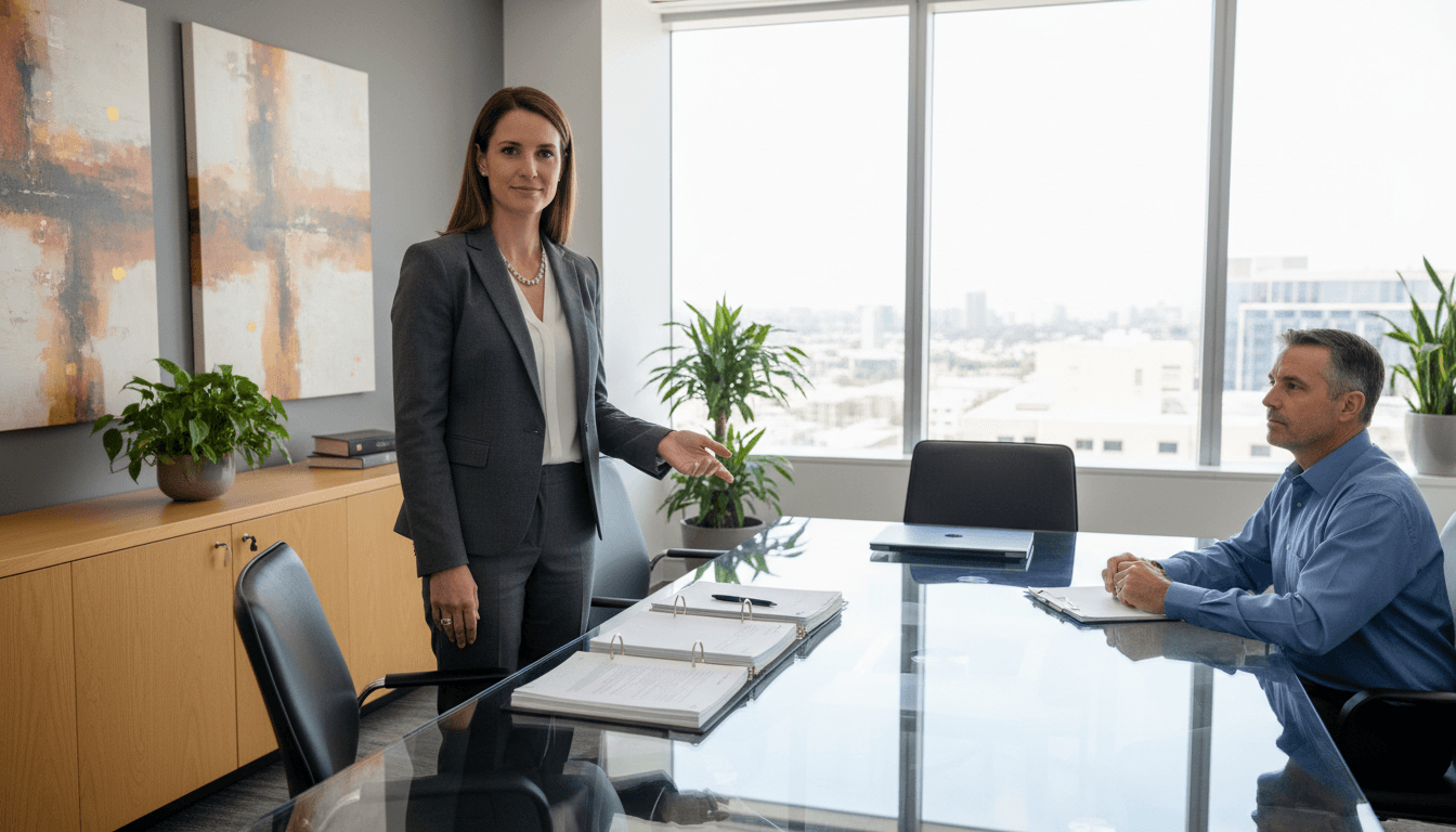 Attorney meeting with client in professional office setting to discuss probate case